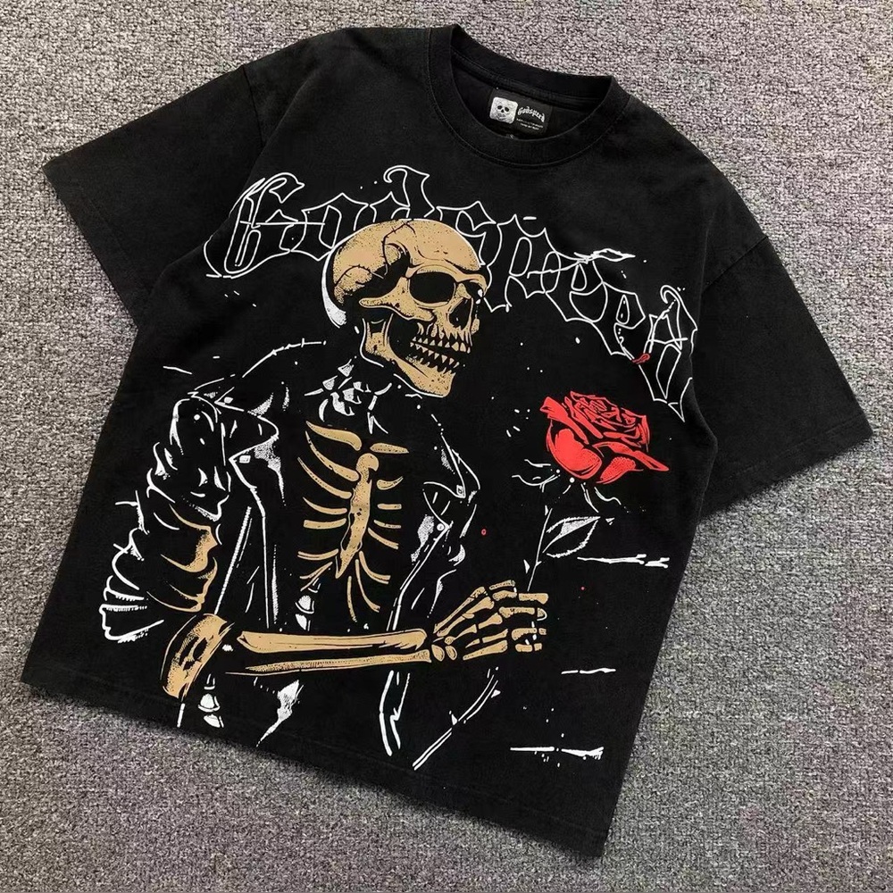 Edgy Black Skeleton Tee with Red Rose